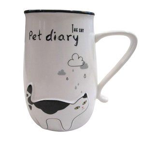 Black and White Cat Under Rain Clouds Pet Diary Mug Unmarked Unsigned EUC